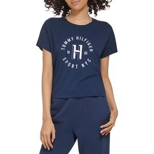 Tommy Hilfiger Womens Short Sleeve Printed Chest Graphic Navy Blue T-Shi…